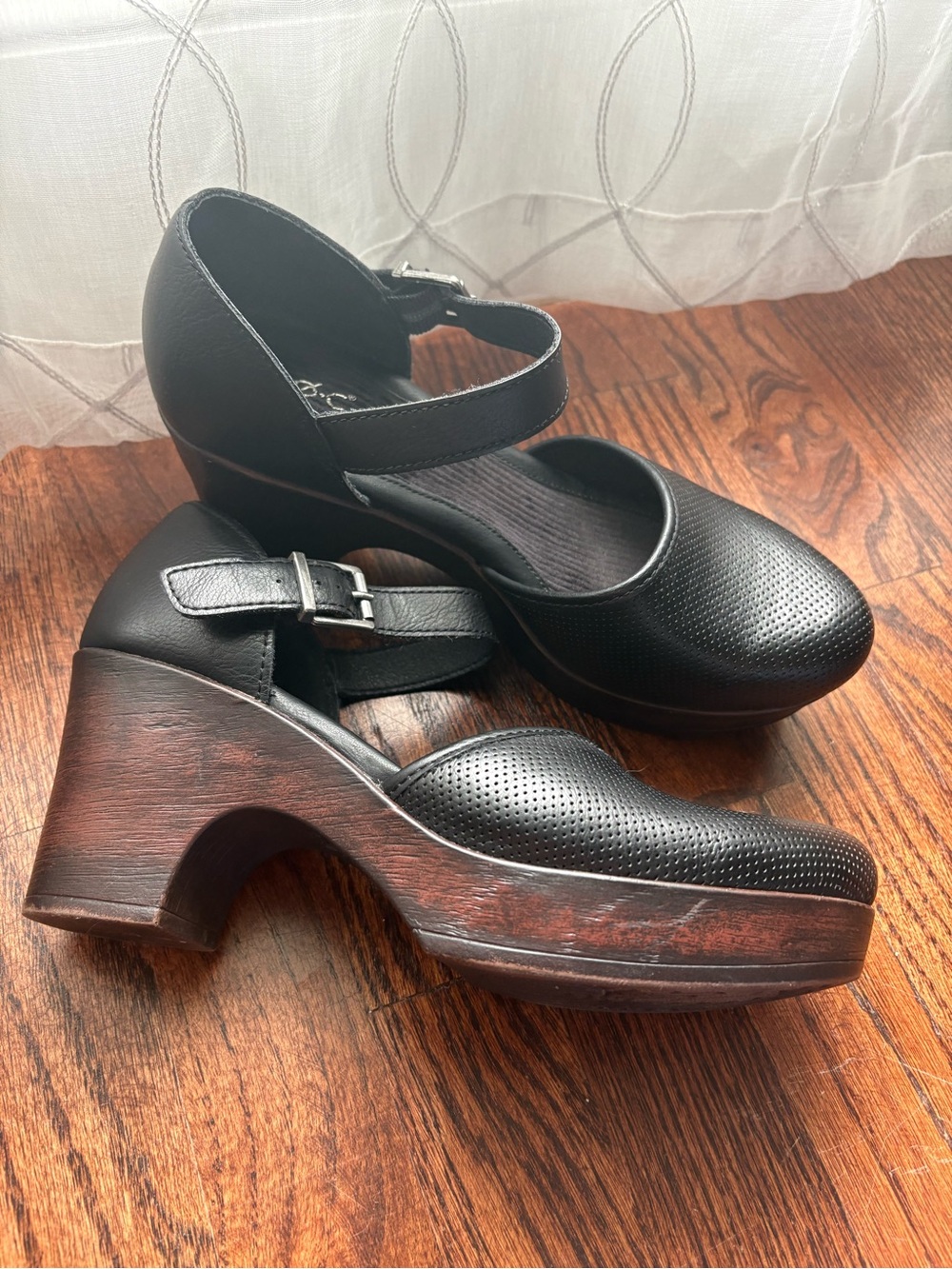 boc Black Perforated Leather Platform Mary Jane Heels Clogs